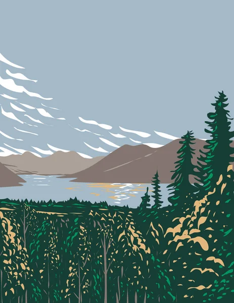 Wpaポスターアラスカのケナイ フィヨルド国立公園にあるスキラック氷河の融解水によって供給されるケナイ半島のスキラック湖の芸術は プロジェクト管理スタイルで行われました — ストックベクタ