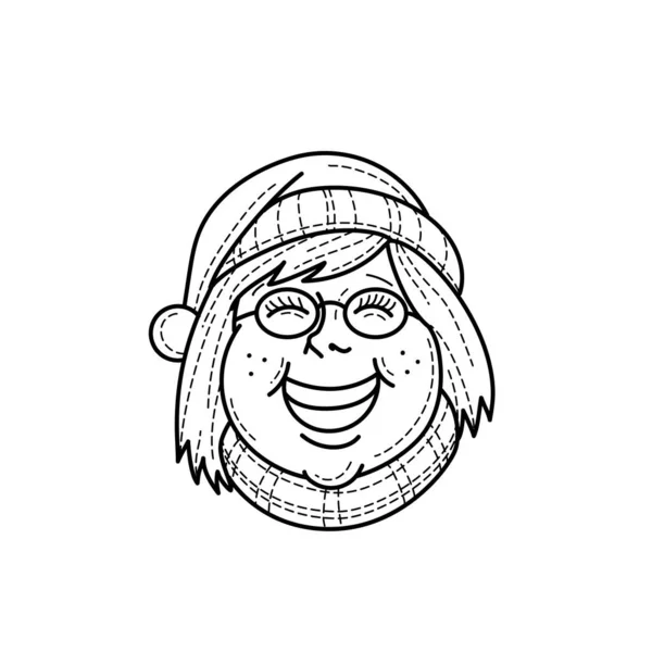 Mono Line Illustration Head Girl Wearing Santa Hat Scarf Smiling — ストックベクタ
