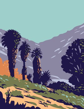 California WPA Poster Sanatı Cottonwood Spring Oasis 'deki Fan Palms, Kaliforniya' daki Joshua Tree Ulusal Parkı 'nda yer almaktadır..