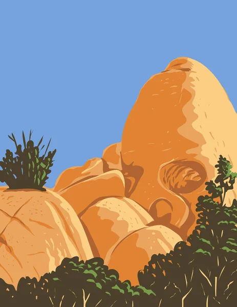 Wpa Poster Art Skull Shaped Desert Granite Rock Formation Created — Stock Vector