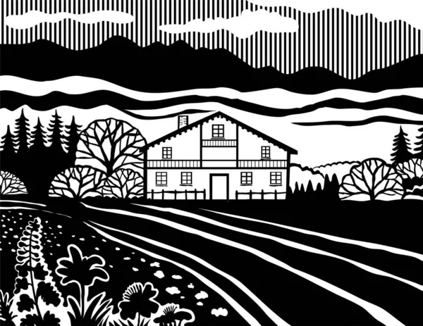 Stencil Ilustración Una Casa Estilo Chalet Suizo Los Prados Suiza — Vector de stock