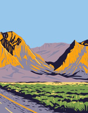 Texas Trans-Pecos bölgesindeki Big Bend Ulusal Parkı 'nda yer alan Chisos Dağları' nın WPA Poster Sanatı proje yönetimi tarzı veya federal sanat projesi tarzında yapılmıştır..