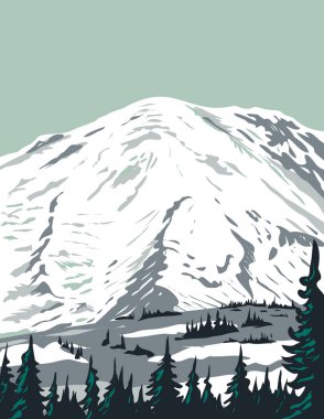 Washington 'daki Rainier Dağı Ulusal Parkı' nda yer alan Mount Rainier 'ın kuzeydoğu kanadındaki Emmons Buzulunun WPA Poster Sanatı proje yönetimi tarzı veya federal sanat projesi tarzında yapılmıştır..