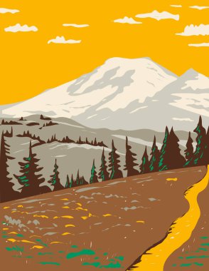 WPA Rainier Dağı 'nın Poster Sanatı Washington' daki Rainier Dağı Ulusal Parkı 'nda yer alan Harikalar Diyarı Yolu boyunca Cowlitz Bölümü' nden gösterildi..