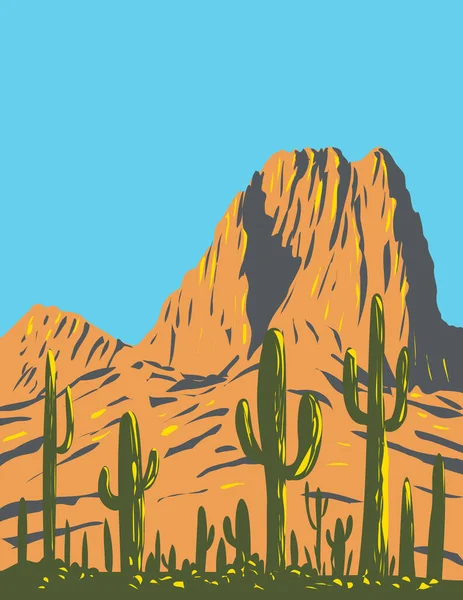 位于亚利桑那州萨瓜罗国家公园内的图森山有蜂窝峰的萨瓜罗仙人掌的Wpa海报艺术以作品项目管理风格或联邦艺术项目风格完成 — 图库矢量图片