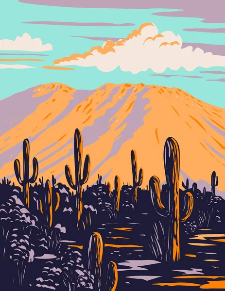 Wpa Poster Art Saguaro Cactus Wasson Peak Tucson Mountains 애리조나 — 스톡 벡터