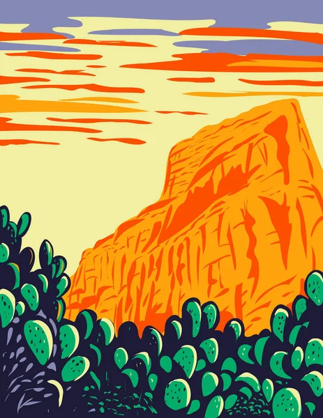 Póster Wpa Arte Cactus Pera Espinosa Con Red Butte Tucson — Vector de stock