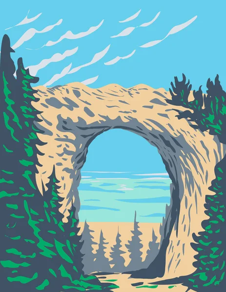 Wpa Póster Arte Arch Rock Ubicado Isla Mackinac Dentro Del — Archivo Imágenes Vectoriales