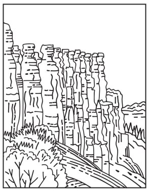 ABD 'nin Utah kentindeki Bryce Canyon Ulusal Parkı' nda bulunan kabadayıların, çadır kayalarının, peri bacalarının ya da toprak piramidinin mono çizgisi çizimi siyah beyaz monolin tarzı.