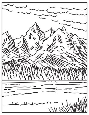 Grand Teton Ulusal Parkı 'ndaki Teton Sıradağları' nın mono çizgisi çizimi kuzeybatı Wyoming 'de yer almaktadır..