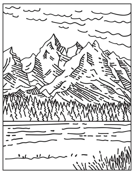 Mono Line Illustration Teton Range Grand Teton National Park Located — Vector de stock