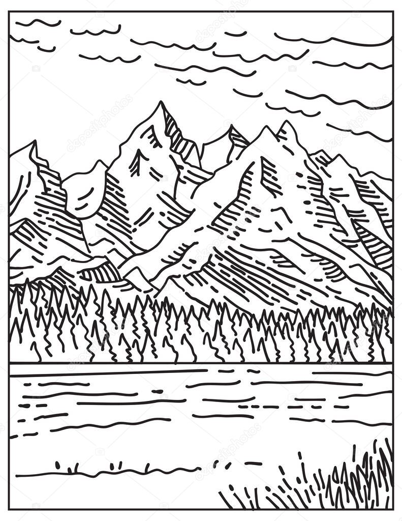Mono line illustration of the Teton Range in Grand Teton National Park located in northwestern Wyoming, United States done in retro black and white monoline line art style.