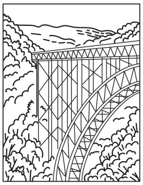 Mono line illustration of the New River Gorge National Park and Preserve in southern West Virginia in the Appalachian Mountains, United States done in retro black and white monoline line art style. clipart