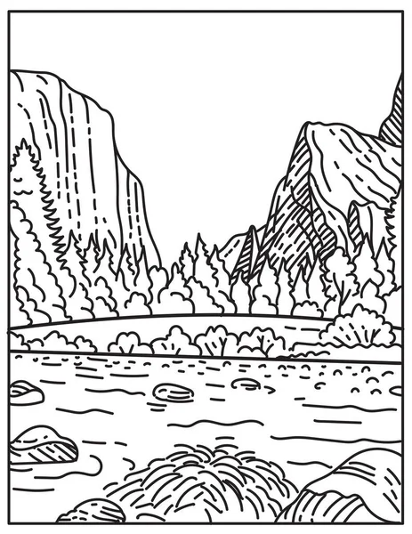 位于美国加利福尼亚州北部的约塞米蒂国家公园的单线插图 以复古的黑白单线艺术风格制作 — 图库矢量图片