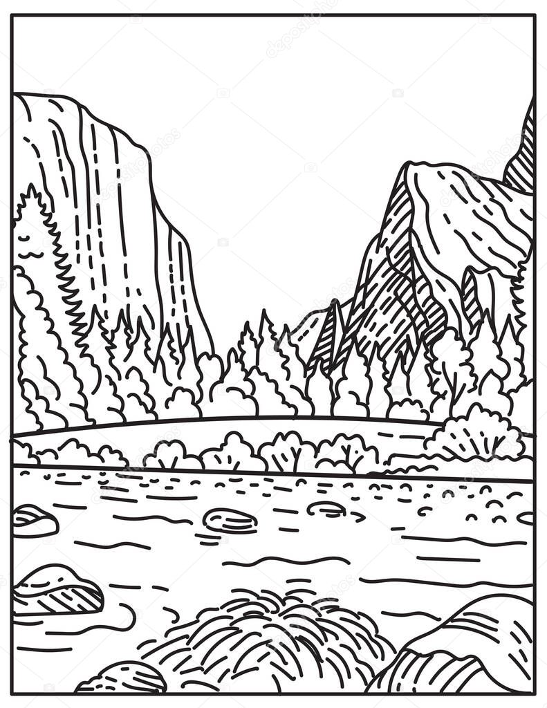 Mono line illustration of the Yosemite National Park located in Northern California, United States done in retro black and white monoline line art style.