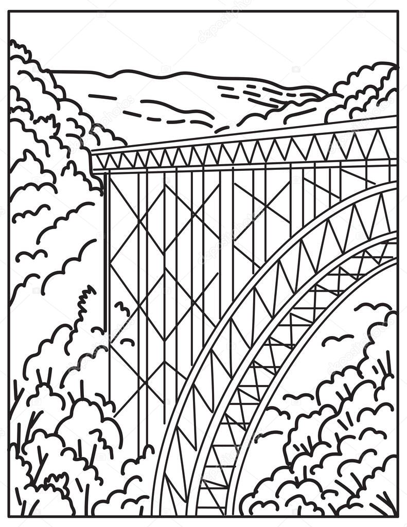 Mono line illustration of the New River Gorge National Park and Preserve in southern West Virginia in the Appalachian Mountains, United States done in retro black and white monoline line art style.