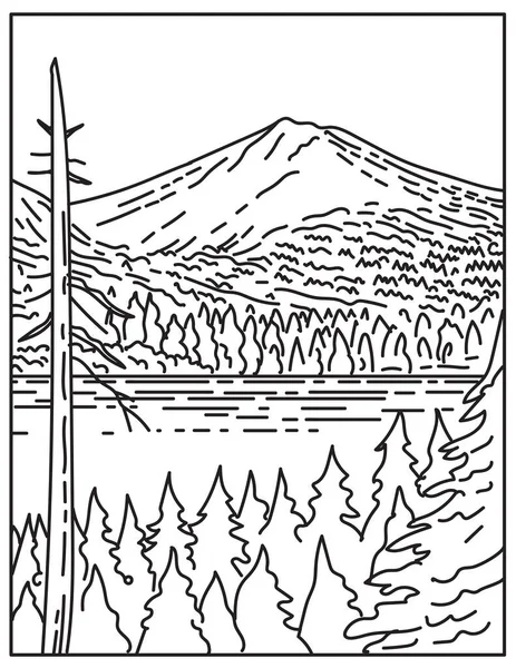 北カリフォルニアのラッセン火山国立公園内のラッセンピーク火山の頂上のモノラインイラスト レトロな黒と白のモノラインアートスタイルで行われたアメリカ — ストックベクタ
