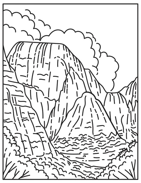 Mono Line Illustration Zion Canyon Zion National Park Located Springdale — Archivo Imágenes Vectoriales