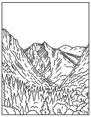 Mono line illustration of Kings Canyon from Paradise Valley in Kings Canyon National Park within Sierra Nevada, California United States done in retro black and white monoline line art style. clipart