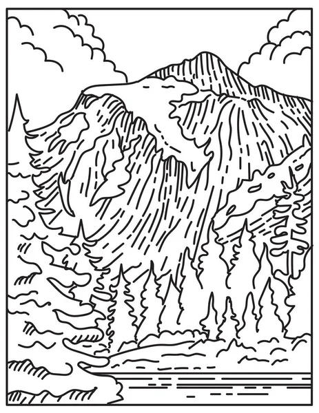 北カスケード国立公園のモノライン図北ワシントン州に位置し アメリカのレトロな黒と白のモノラインアートスタイルで行わ — ストックベクタ