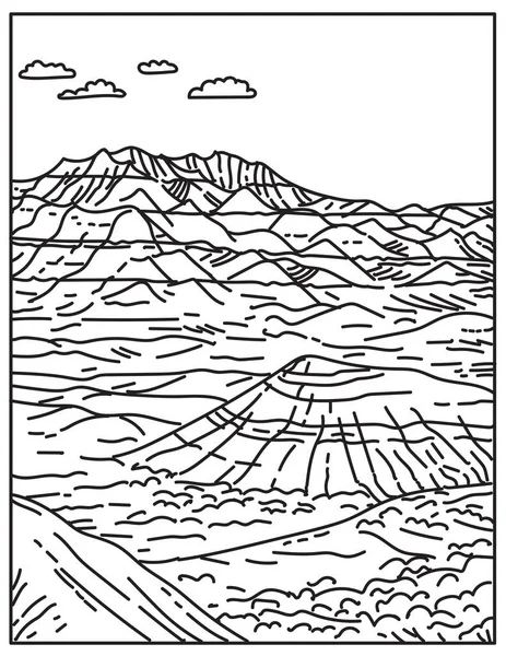 Mono Line Illustration Layered Rock Formations Badlands National Park Located — Vettoriale Stock