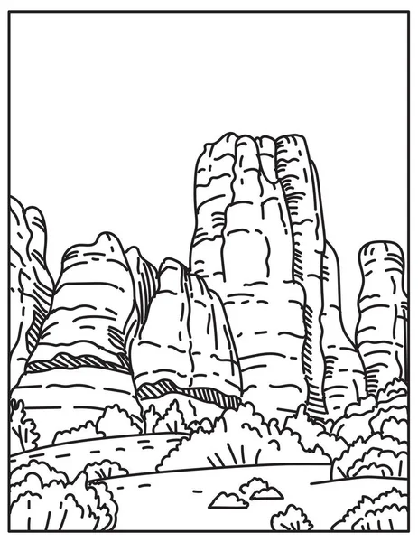 美国犹他州Canyonlands国家公园东南角针头的单线插图 以复古的黑白单线艺术风格制作 — 图库矢量图片
