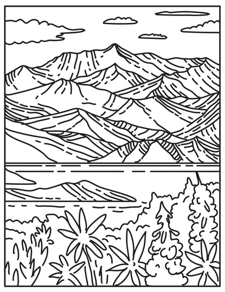 Güney Alaska 'da bulunan Wrangell-St. Elias Ulusal Parkı ve Koruma Alanının mono çizgisi çizimi, Amerika Birleşik Devletleri siyah-beyaz tekel çizgisi tarzında yapıldı..