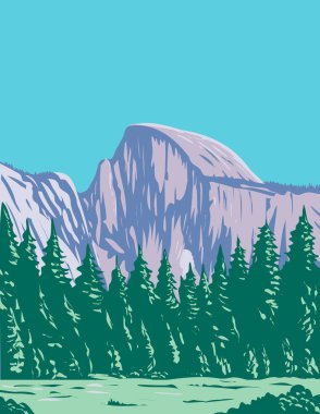 WPA poster sanatı Half Dome Yosemite Ulusal Parkı 'ndaki Yosemite Vadisi' nin doğu ucundaki granit bir kubbe..
