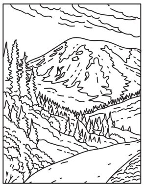 Mono line illustration of Mount Rainier in Mount Rainier National Park located in Washington State, United States of America done in retro black and white monoline line art style. clipart