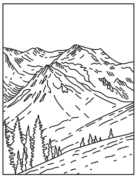 アメリカ合衆国ワシントン州に位置するオリンピック国立公園の氷河で覆われたオリンパス山の頂上のモノラインイラストレトロな黒と白のモノラインアートスタイルで行われます — ストックベクタ