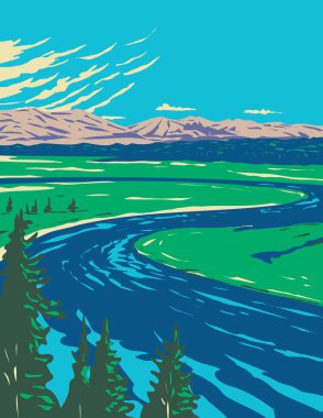 WPA poster art of Yellowstone River in Hayden Valley located in Yellowstone National Park, Wyoming, United States of America done in works project administration style or federal art project style. clipart