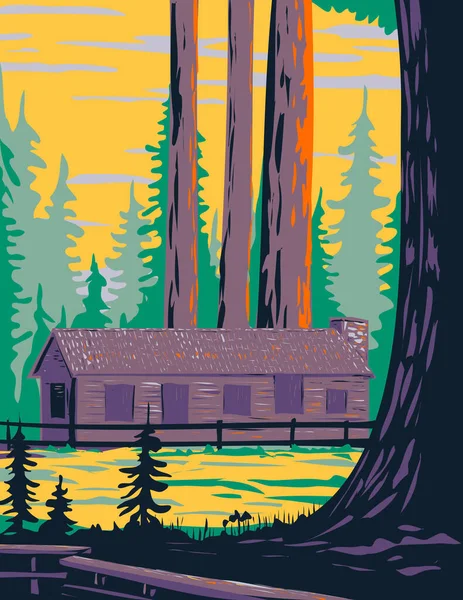 Mariposa Grove Cabin 'in WPA poster sanatı. General Grant ve General Sheridan ağacı Yosemite Ulusal Parkı, Kaliforniya, Amerika Birleşik Devletleri' nde yer alıyor..
