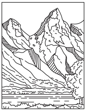 Mono line illustration of Jackson Hole or Jackson's Hole with the Teton Range in the background located in Wyoming, United States of America done in retro black and white monoline line art style. clipart