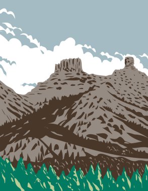 Colorado 'daki San Juan Ulusal Ormanı' nın bir parçası olan Chimney Rock and Companion Rock 'ın WPA poster sanatı proje yönetimi tarzında yapıldı..