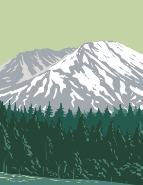 WPA poster art of Mt. Saint Helens in Mount St. Helens National Volcanic Monument located in Gifford Pinchot National Forest, Washington State United States done in works project administration style. clipart