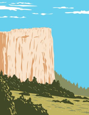 WPA poster sanatı Yazı Kayası, Cibola County, New Mexico 'daki El Morro Ulusal Anıtı' nda kumtaşı blöfü, Birleşik Devletler iş yönetimi proje tarzı veya federal sanat projesi tarzında yapıldı.