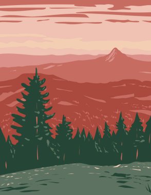 Güneybatı Oregon 'daki Cascade-Siskiyou Ulusal Anıtı' nda yer alan Siskiyou Dağları 'nın WPA poster sanatı proje yönetimi tarzı veya federal sanat projesi tarzında yapılmıştır..