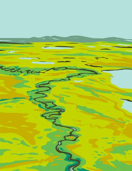 Wpa Cartel Arte Río Serpenteando Camino Través Tundra Sudeste Del — Vector de stock