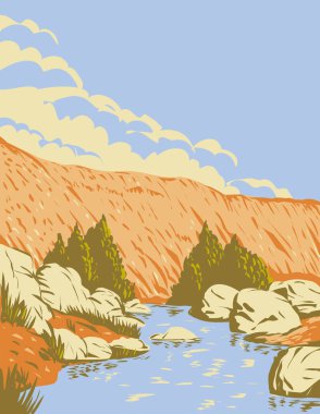 Arizona 'daki Agua Fria Ulusal Anıtı' nda yer alan Badger Springs Canyon ve Agua Fria Nehri 'nin WPA poster sanatı proje yönetimi tarzı veya federal sanat projesi tarzında yapılmıştır..