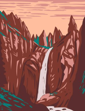 WPA poster sanatı Tower Fall on Tower Creek Kuzeydoğu Yellowstone Ulusal Parkı, Wyoming Amerika Birleşik Devletleri iş yönetimi proje tarzı veya federal sanat proje tarzı yapılır.