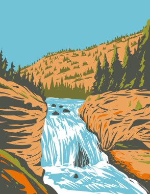 WPA 'nın, güneybatı Yellowstone Ulusal Parkı' ndaki Firehole River 'daki Firehole Falls poster sanatı Wyoming United States tarafından proje yönetimi tarzı veya federal sanat projesi tarzında yapıldı..