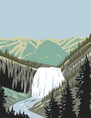 WPA 'nın Gibbon Falls poster sanatı, Yellowstone Ulusal Parkı' nın kuzeybatısındaki Gibbon Nehri 'nde bir şelale, Wyoming USA' nın çalışma projesi tarzı veya federal sanat projesi tarzı..