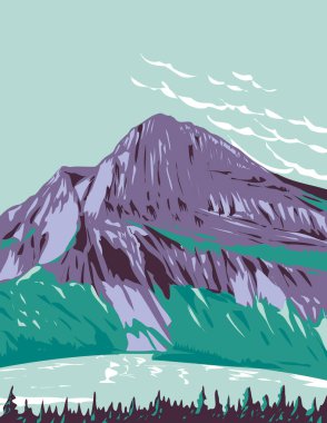 WPA 'nın Saklı Göl posterinin arka planında Buzul Ulusal Parkı, Montana' da yer alan Bearhat Dağı çalışma projesi tarzı veya federal sanat projesi tarzında yapılmıştır..
