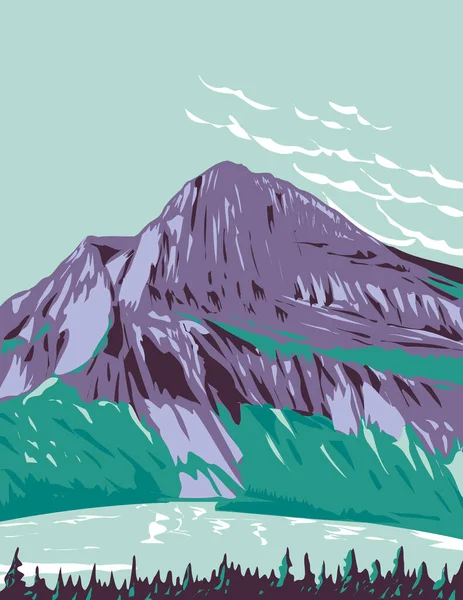 Wpa Poster Art Hidden Lake Bearhat Mountain Background Located Glacier — Stock Vector