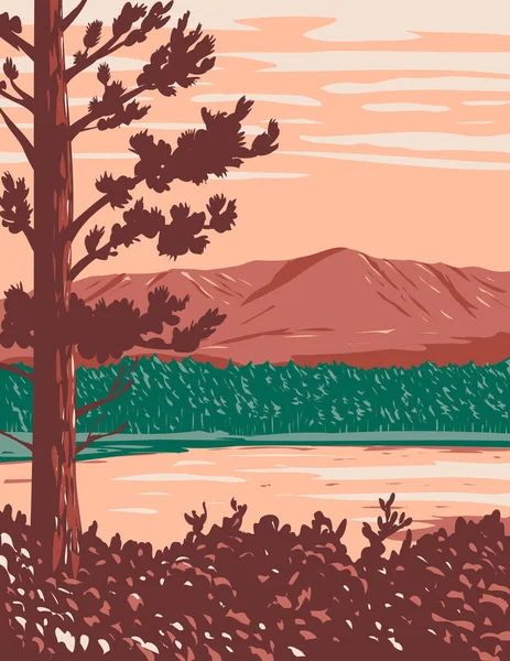 美国缅因州卡塔希丁山和美国缅因州佩诺斯科特县卡塔希丁森林和水国家纪念碑中的河流的世界和平协会海报艺术 以作品项目管理风格完成 — 图库矢量图片