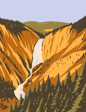 WPA 'nın Aşağı Yellowstone Şelaleleri poster sanatı, Yellowstone Ulusal Parkı' ndaki Rocky Dağları 'nın en büyük hacimli şelalesi, Wyoming USA' nın iş yönetimi tarzı..