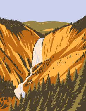 WPA poster art of Lower Yellowstone Falls, the largest volume waterfall in the Rocky Mountains within Yellowstone National Park, Wyoming USA done in works project administration style. clipart
