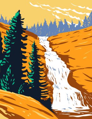 Chilnualna Şelalesi 'nin WPA poster sanatı Sierra Nevada' daki Chilnualna Deresi 'nde Yosemite Ulusal Parkı, Kaliforniya Birleşik Devletleri çalışma projesi tarzı veya federal sanat projesi tarzında yapılmıştır..