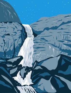 WPA 'nın Wapama Şelalesi posterleri Sierra Nevada' daki Hetch Hetchy Vadisi 'nin kuzey duvarında Yosemite Ulusal Parkı, Kaliforniya' da proje yönetimi tarzında yapıldı..