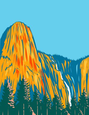 Sentinel Şelaleleri 'nin WPA poster sanatı ve Yosemite Ulusal Parkı, Kaliforniya' da bulunan devasa Sentinel Kayası proje yönetimi tarzında veya federal sanat projesi tarzında yapılmıştır..